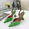 Amina Muaddi Rosie Кристаллы, украшенные бантом, пятно Туфли-лодочки на катушке Босоножки на каблуке Босоножки на пятке для женщин Роскошные дизайнеры Модельные туфли Вечерняя фабричная обувь