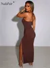 Nadafair Sexy Strapless Bodycon Dress Night Club Party Outfits Women Halter Tied Summer Clothing Cut Out Ruched Maxi 220521