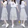 Skirts Elegant Skirt T-shirt Two Piece Set Summer Women Korean Cute Style High Waist Floral Asymmetrical Pleated SkirtsSkirts
