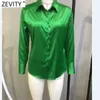 Zevity Women Simply Single Breasted Green Satin Smock Blouse Office Lady Long Sleeve Business Shirts Chic Blusas Tops LS9844 220407