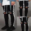 Pantalones vaqueros para hombre Pantalones casuales Flacos Lado blanco Hip Hop Cremallera rota Club nocturno Estilo callejero Negro y Drak22