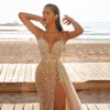 2022 Długie Suknie Wieczorowe Nosić Illusion Crystal Frezowanie High Side Split Długość Piętro Lace Party Dress Prom Suknia Pasek Szata De Soirée