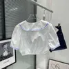 Basic Casual Jurken ontwerper lente en zomer blauw geruit kraagrand baby geborduurd kort shirt frisse zoete blouse dames Q2AF