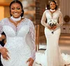 2022 Plus Size Arabic Aso Ebi Sheer Neck Mermaid Wedding Dress Long Sleeves Sexy Bridal Gowns Dresses ZJ441