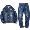 Träningsoveraller män Herr Mode Patch Design Enkelknäppta jackor Byxor Set Herr Träningsoverall Sportdräkt Herrjeans Fritidskläder Sportkläder