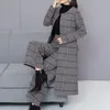 Women's Two Piece Pants Autumn And Winter Ladies Explosion Models Fashion Casual Tartan Woolen Coat Wide-leg Two-piece Suit TideWomen's