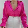 エレガントなサテンシャツの女性ファッショントップスプリングソリッド長袖ブラウスビンテージパープルカジュアルルーズボタン服18913 220623