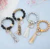 Fashion rosted Wooden Bead Bracelet Keychain Party Favor Pattern Tassel Pendant Bracelets Women Girl Key Ring Wrist Strap 7 Colors AA