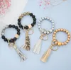 Mode Rosted Trä Bead Armband Keychain Party Favor Mönster Tassel Pendant Armband Kvinnor Tjej Key Ring Wrist Strap 7 Färger AA