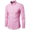 Men Solid Color Turn Down Collar Long Sleeve Shirt Slim Button Pocket Work Top