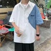 Männer Casual Hemden Denim Nähte Männer Kurze Halbarm Hemd Sommer Koreanische Version Graben Teenager Lose Jungen Kleidung Männliche Tasche Mode zu