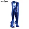 Sorbern Sexy Crotch Oberschenkelhoher Stiefel, 18 cm, Spike-High-Heel-Stilettos, Metallic-Königsblau, harter Schaft, maßgeschneiderte Stiefel mit breiter Wadenpassung