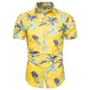 Gorąca moda mężczyzn Summer Hawaiian Bawełna żółta krótkie rękaw Podstawowa koszula Bluzka Fit Slim Printed Top Men Shirt Nowe przybysze