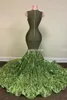 Luxury African Sparkly Olive Green Mermaid Prom Dresses Jewel Neck Illusion Dress Plus Size Formal Sequined Evening Gowns for Black Girls Birthday Patry Gowns