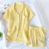 Japanese-style summer ladies cotton double-layer crepe gauze short-sleeved shorts pajamas suit large size home service women 220421