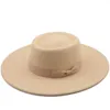 Berety 9,5 Cm szerokie rondo zwykły czarny kapelusz z płaskim cylindrem Boater kobiety wełniane kapelusze filcowe Fedora z kokardą Vintage Wedding Panama CapBerety BeretyBere