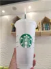 Starbucks Mermaid Goddess 24oz / 710ml Copo de plástico reutilizável transparente para beber copos de fundo plano em formato de pilar com tampa de palha