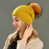 Wool Knitted Casual Hats Real Large Raccoon Fur Pom Hat Women Warm Female Cap With Rhinestone Ladies Winter Fur Hats J220722