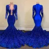 Azul real vestidos de baile mergulhando decote em v mangas compridas lantejoulas brilhantes apliques sereia até o chão cetim noite formal vestidos de festa vestidos personalizados estidos