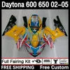 Daytona için Çerçeve Kiti 650 600 CC 02 03 04 05 gövdeye 7dh.9 Cowling Daytona 600 Daytona650 2002 2003 2004 2004 2005 Body Daytona600 02-05 Motosiklet Kapısı Sıcak Sarı