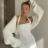 Kadınlar Ultra Kısa Örmek Kazak Ceket İlkbahar Sonbahar Kış Uzun Batwing Kollu Gevşek Örme Kırpma Tops Katı Renk Seksi Hırka Kazak Rahat Saf Ceket