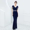 Luxury Sequined Women Evening Dress V Neck Short Sleeve Mermaid Party Glows Sexig Robe Femme Eleganta formella klänningar