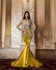 NOWY!!! Plus Size Arabski ASO EBI Luksusowy Mermaid Gold Prom Dresses Koronki Kryształy Kryształy Wieczór Formalna Party Druga Recepcja Urodziny Suknie Zaręczynowe Dress Pro232