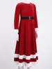 Flickans klänningar barn flickor juldräkt röd sammet långa ärmar med hög midja bälte faux päls trimmad klänning barn årskläder