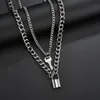 Pendant Necklaces Punk Simple Double Chains Solid Color Metal Key Lock Pendent Necklace Hyperbolic For Women Men Girls Neck Jewelry GiftPend