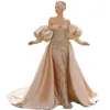 Robe de soirée de forme sirène, Champagne, perlée, luxueuse, scintillante, manches lanternes, pour femmes, robe de bal formelle