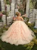 Prinsessa rosa blommor flicka klär en linje juvel hals applikationer puffy tyll långa barn första nattvards klänningar barn födelse