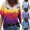 Womens Daily Summer Print V Neck Blouse Short Sleeve Workout Shirts Casual Loose Oil Painting Print Fashion Casual Loose Tops L220705