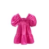 Summer Girls Casual Rose Dress Puff Sleeve Solid Color Kids Children Princess Dress