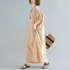 Party Dresses Spring Summer Women Bohemian V-neck Short Sleeved Cotton Silk Drape Long Solid Color Robe Loose Casual DressesParty