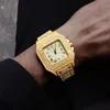 Wristwatches Hip Hop Iced Out Men Watch Square Diamond Quartz Luxury Mens Wrist Watches Gold Roman Calendar Steel Clock Relogio MasculinoWri