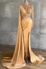 Gold Yellow Prom Evening Dresses Deep V Neck Sheer Long Sleeve Beaded Crystals Luxury Party Celebrity Gowns BC94696021180