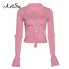 Artsu Sweet Pink Kinited Croped Top Women Y2K Ruched Crop Long Sleeve Camisole Winter Party Club Vintage 220408