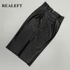 Realft Women Black PU Skórzany Ołówek Wrap Spódnice Jesień Zima Wysoka Talia Zipper Front Split Sheath Long Samica 220401