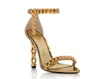 Elgant Designer Chain Chain Sandals Dorsay Sandals finos de salto alto Mulheres de couro real banda estreita de metal lock decoração tornozelo sandalias de verão