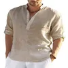 2022 New Men 's Casual Linen T Shirts 남성 만다린 칼라 섹시 V 목면 린넨 티셔츠 여름 긴 소매 상단 S-4XL Y220606
