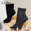 Liyke 2022 NYA SEXY Cut-Out Thin High Heels Red Green Strecked Stretch Fabric Ankle Socks Stövs Women Party Dance Shoes Booties Y220729