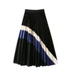خريف الشتاء الذهبي المخملي اللون Midi Skirt 2020 مرنة عالية الخصر التنورة للنساء نحيف مطوية تنانير طويلة النساء LJ201103