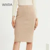 Wixra Womens вязаные прямые юбки Сплошные основные дамы высокой талии юбка до колена уличная одежда осень зима 210315