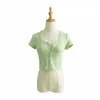 T-shirt sexy col en V à manches courtes Casual Crop Top Femmes Bouton tricoté à manches courtes Style coréen côtelé vert été Crop Tops 220520