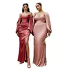 2022 Bohemian Beach Long Bridesmaid Dresses with Long Sleeve Sexy High Slit Silk Stain Maid of Honor Wedding Guest Reception Gown