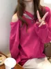 Kvinnors hoodies tröjor Deeptown Y2K Korean stil rosa kvinnor sexiga av axelgrön lös ihålig ut all-match crewneck toppar e-flick