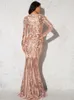 Robes de soirée Shine Or Rose Sequin À Manches Longues Robe De Soirée Noir Sirène Extensible O Cou Etage Longueur Robe De Bal De Mariage Hiver 2022Party