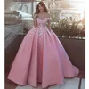 Quinceanera Ball Gown Dresses Sexy Pink Off Shoulder Lace Applique 3D Flowers Pearls Sequins Satin Sweep Train Party Prom Evening Gowns