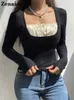 Zenaide осенняя лоскутная модная винтажная футболка Black Women Grunge Square Sheam Эстетическая корейская топ с длинным рукавом Y2K 220728