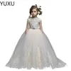 2022 Cheap White Flower Girls Dresses for Wedding Lace Applique Ruffles Kids Formal Wear Sleeveless Custom Made Long Beach Girls Pageant Gown